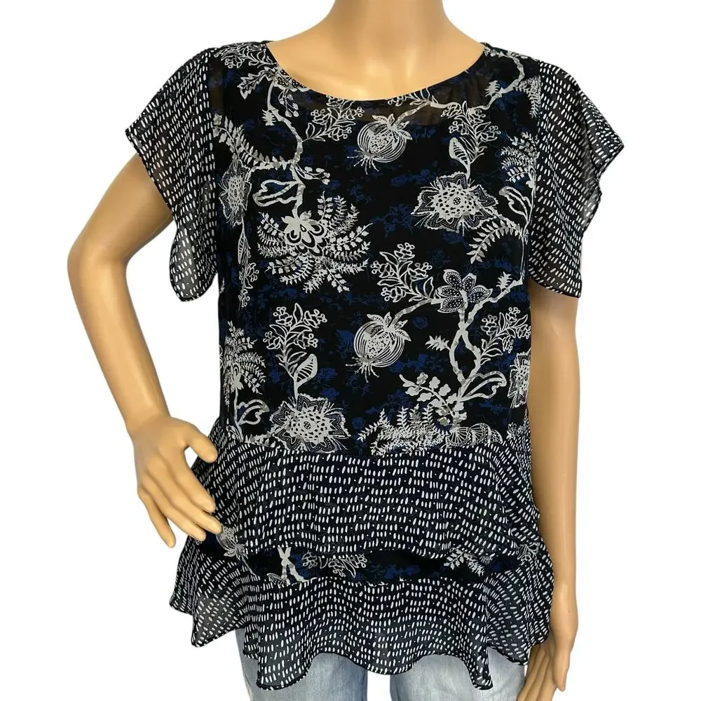 2/$15 Cabi Hybrid Layered Blouse Navy Blue Floral Ruffle Sleeve #5355 Size S